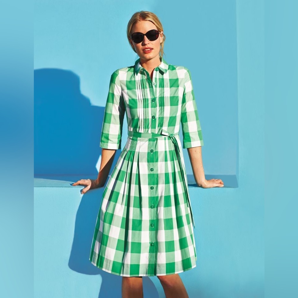 Boden Green Gingham Shirt Dress Pintuck pleated plaid cotton retro flare size 12